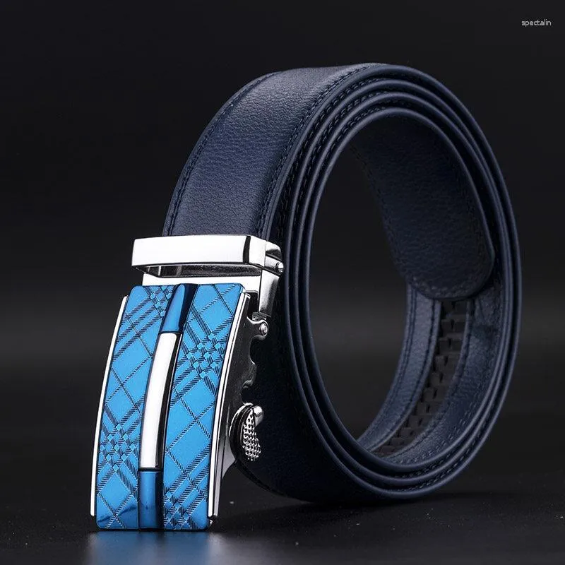 Belts 2023 Cowhide Genuine Leather Blue Belt Men's Leatherbelt Automatic Buckle Business Men Wedding Casual Mens