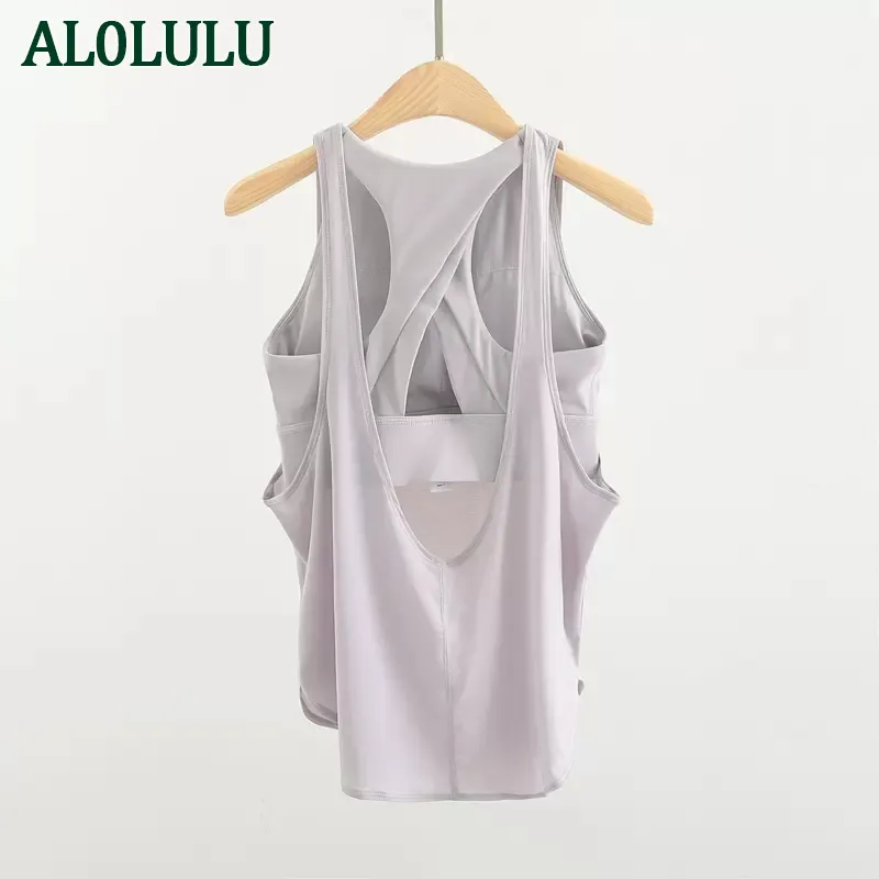 Luluwomen con Logo ropa deportiva chaleco mujer con almohadilla en el pecho ropa interior dos en uno a prueba de golpes top de fitness blusa deportiva suelta