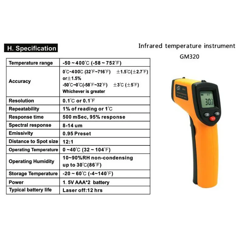 Non Contact Digital Laser Infrared Thermometer Temperature Instruments -50-400°C Temperature Pyrometer IR Laser Point Gun Tester GM320