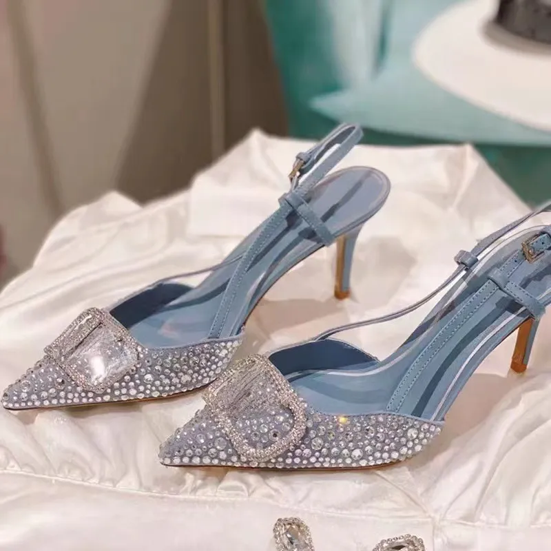 Zapatos de vestir con diamantes de imitación y hebilla en V, sandalias con espalda descubierta para mujer, sandalias con punta en pico, tacones altos para verano