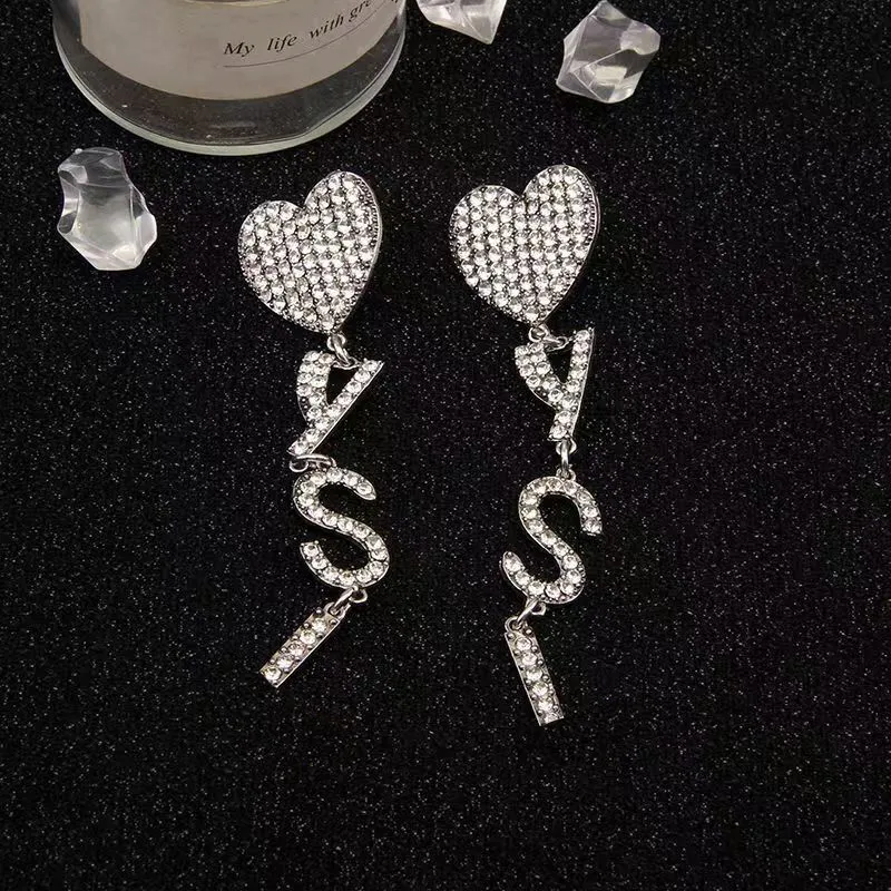 Designer earrings luxury romantic full of diamonds love earrings ladies letters exaggerated temperament attractive long earrings