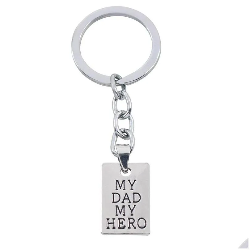 Key Rings Sier Plated Creative Carved My Dad Hero Letters Pendant Keychain Car Keychains Fathers Day Gift Drop Delivery Jewelry Dhxak