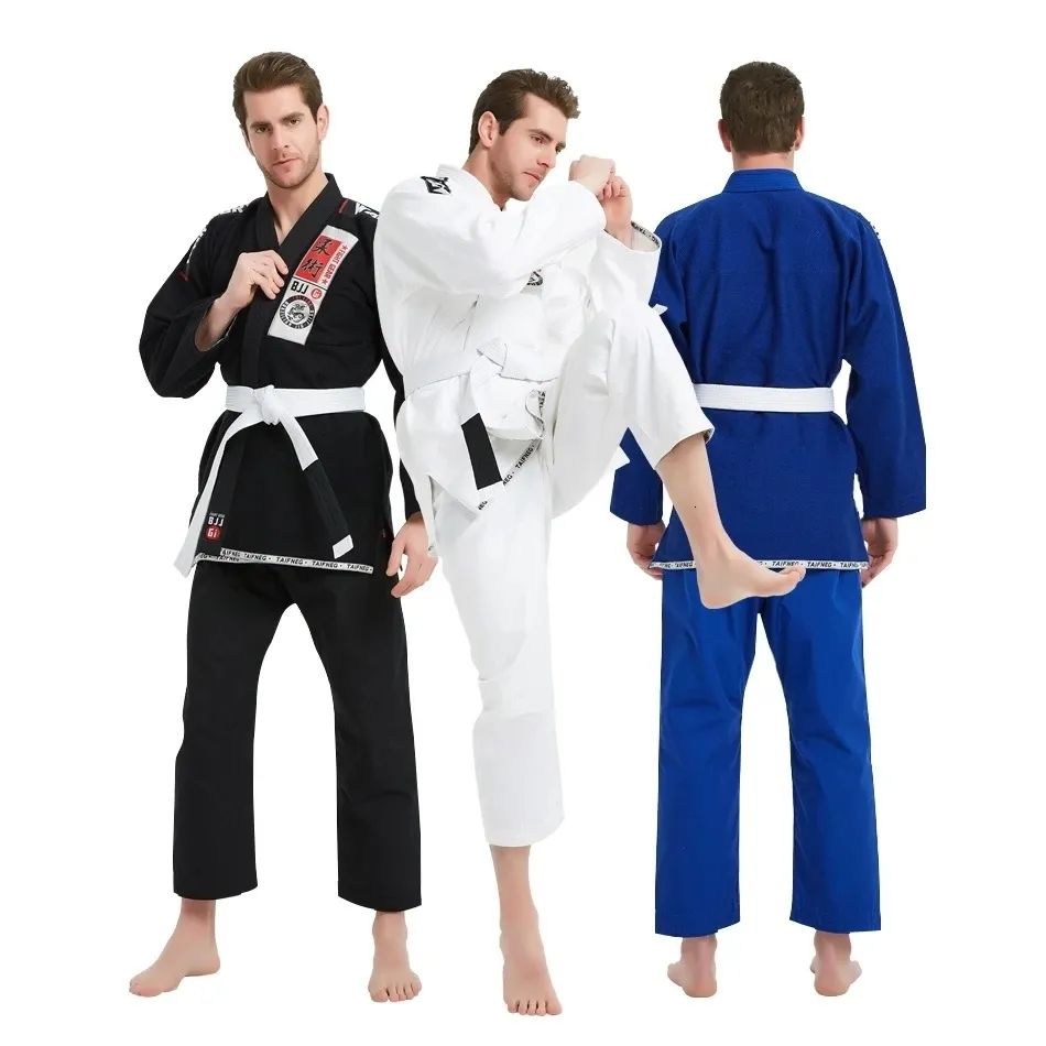 Inne artykuły sportowe Brazylijskie jiu jitsu gi bjj kimono niebieskie 450 gramów mma mundure przedhrunk gappling gis dla mężczyzn kobiety z białym paskiem 230912