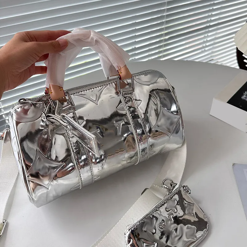 Silver Pillow Bag: Patent Leather Shoulder Bag, Classic Print