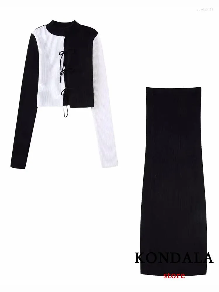 작업 드레스 Kondala Vintage Patchwork Black White Women Suits Long Sleeve Sheath Bow Sweet Slim Skirt Fashion 2023 Office Lady Casual