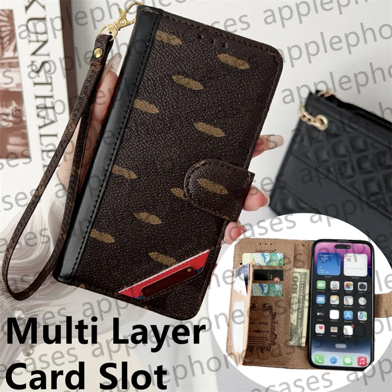 Luksusowy skórzany portfel telefonu na iPhone 15 14 13 12 Pro Max 15Pro 15promax 14promax Designer iPhone Case Flip Card Uchwyt karty Multi -Way Card Cover Mobile Cover