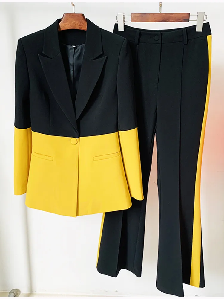 Kadınların Takipleri Yüksek Kalite EST 2023 Yıldız Tarzı Moda Tasarımcı Pist Takım Seti Tek Düğme Blok Blazer Parlama Pantolonları 230912