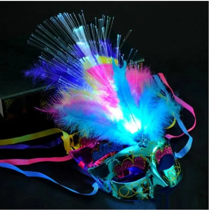 Máscara de fibra led iluminada, vestido extravagante, festa, princesa, penas brilhantes, máscaras de máscaras