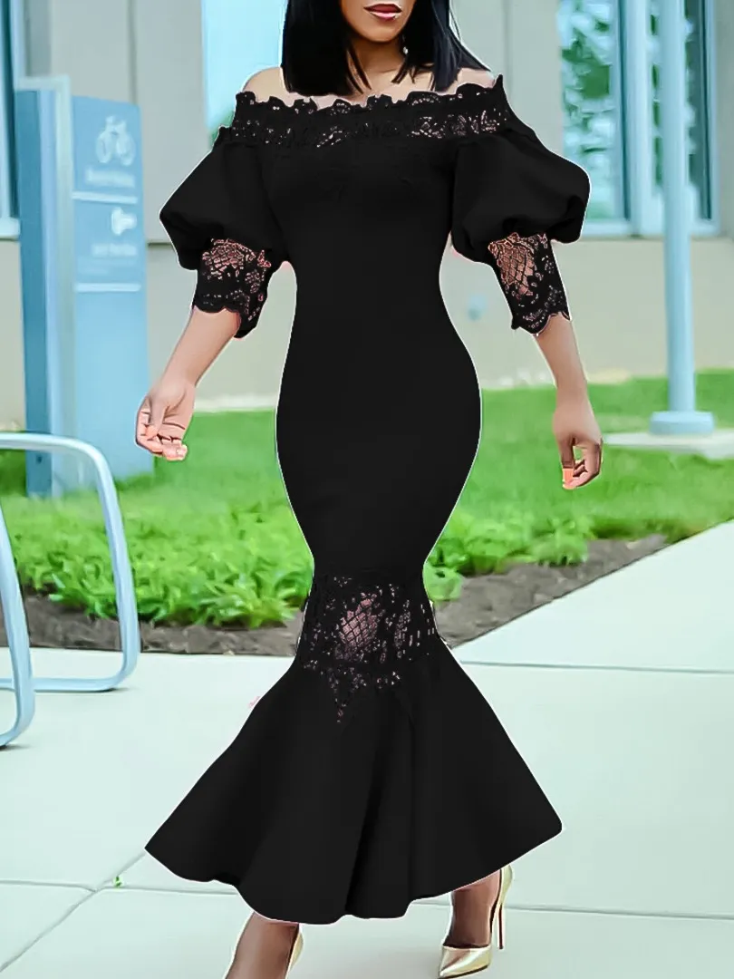 Modest Long Sleeve Mermaid Wedding Guest Dress Sequined Lace Evening Gown  with Backless Design
