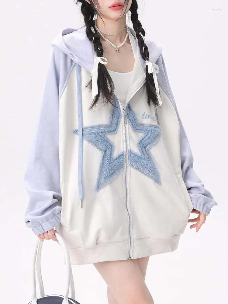 Felpe con cappuccio da donna ADAgirl Kawaii Zip Up Sweet Star Pattern Felpe con maniche raglan oversize per le donne Cutecore Top estetici alla moda