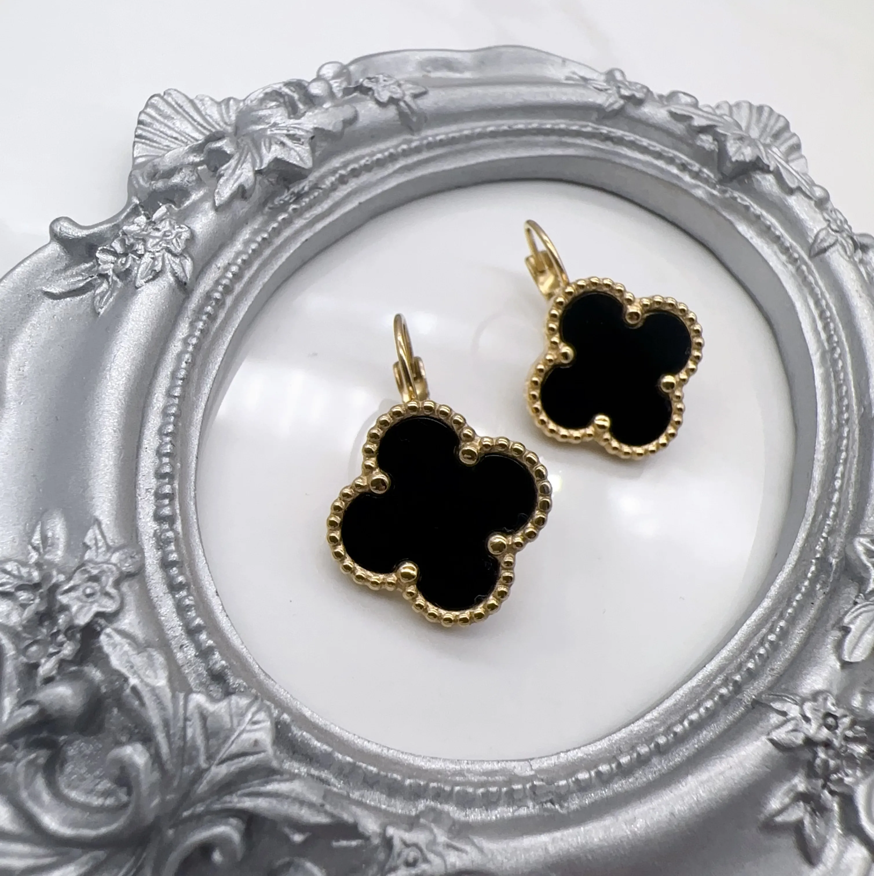 Elegant Original designer large flower gold black stud hoops 316L Stainless Steel women earrings wedding jewelry Christmas gift