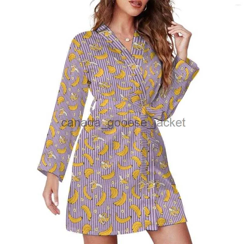 Женская пижама для сна, женская одежда для сна, пижамный халат в полоску с бананом, фруктовый принт, пижамы для спальни с длинными рукавами, женские халаты с V-образным вырезом, теплый халат, осенний дизайн, платьеL230913