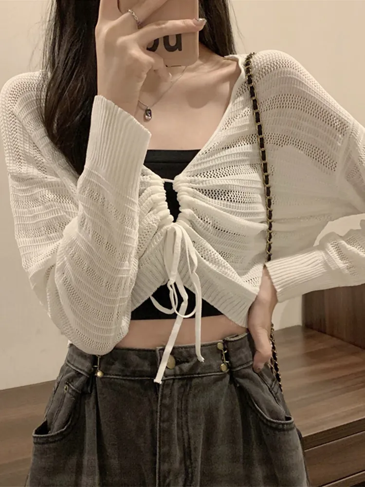 Kvinnors stickor Tees White Cardigans Woman Korean Style Slim Sticked Cardigan Female Fashion Casual Hollow Out Croped Knitwear Tops Ladies 230912