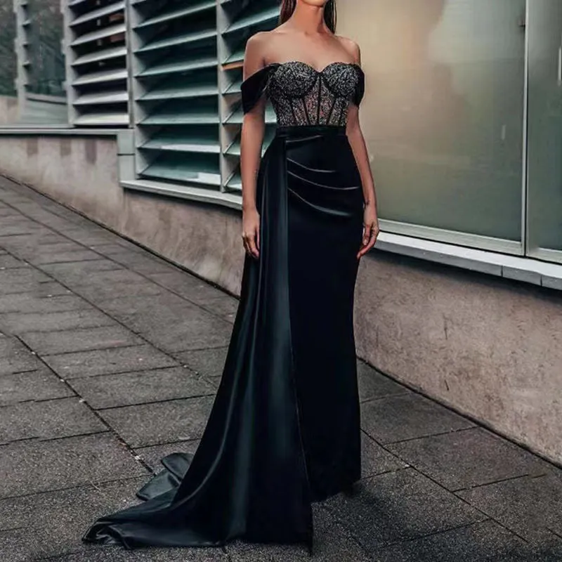 Schwarzes Spitzenapplikationen-Kleid für die Brautmutter, Samt, mit Perlen verziert, formelles Kleid für Patin, Hochzeit, Party, Gäste, Übergröße, sexy Damenkleid, Kleider für Mutter und Bräutigam