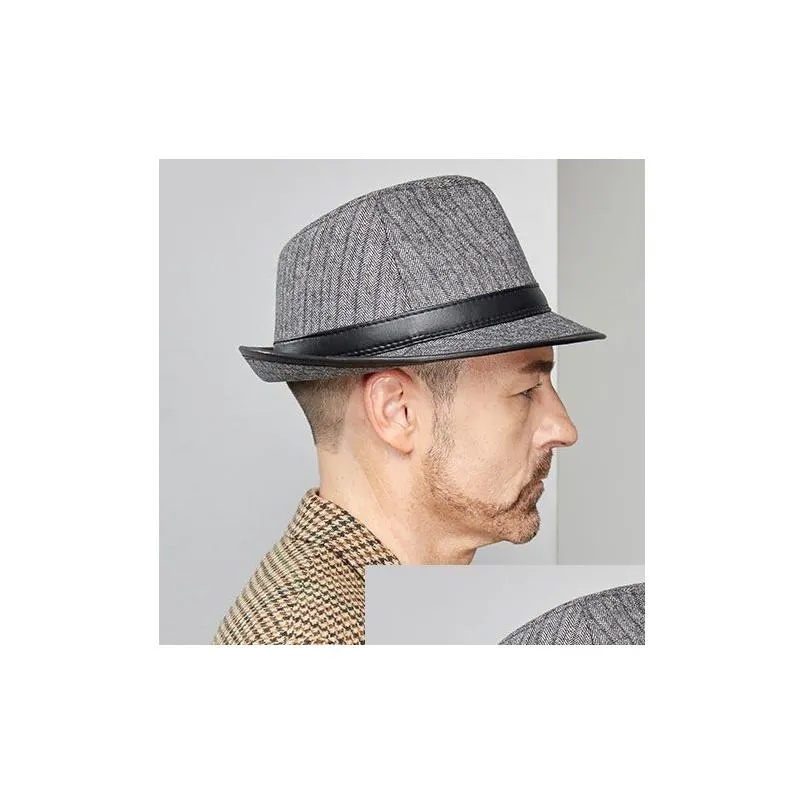 Berets Panama Hat Men Winter Arygian skórzany wełniany dżentelmen Jazz Fedora Caps Mężczyzna Plaid Top swobodne brytyjskie retro sombrero drop dhu61