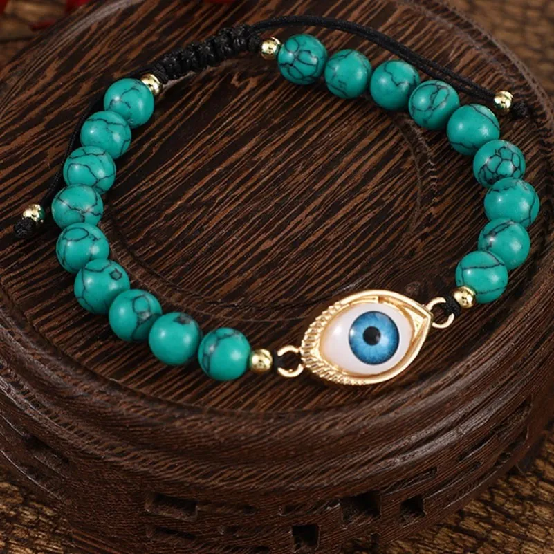 Bracelet à breloques œil Turquoise bouddha, réglable, en perles de pierre, pour femmes, bijoux à la mode