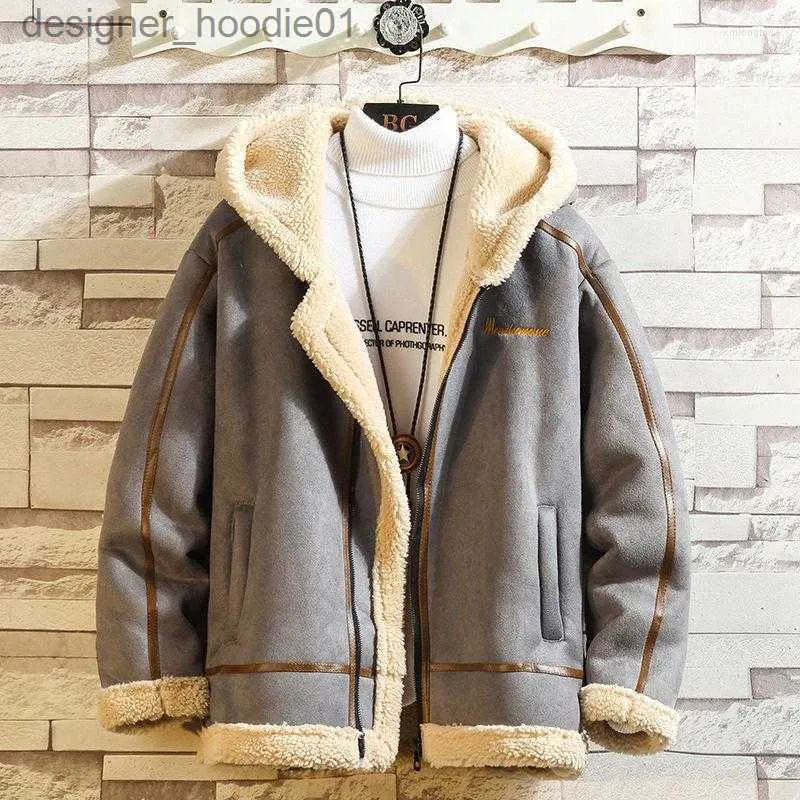 Men's Fur Faux Fur Men's Jackets Winter Bomber Faux Fur Leather Jacket Men Sheep Shearling Lambskin Warm Hooded High Quality Velvet Thicken Outwear Coats L230913