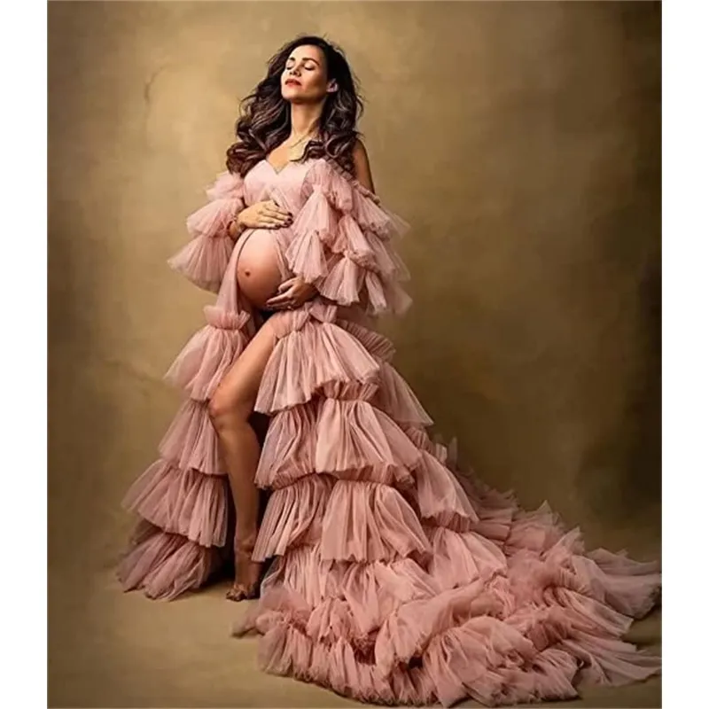 Puffy Tulle Robe Maternity Dresses for Photoshoot Long Sheer Bridal Lingerie Off Shoulder Baby Shower Pregnancy Gowns