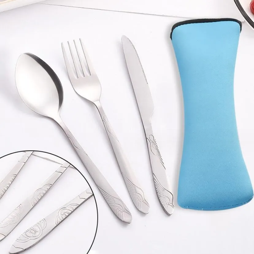 Dinnerware Sets Stainless Steel Outdoor Knife Fork Spoon Combination Set Travel Portable Bag Tableware