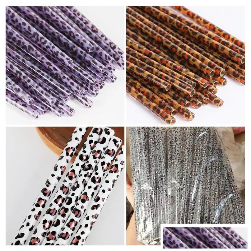 23Cmx7Mm Pp Plastic Brown Leopard Drinking Sts Fashion Printing Straight St Reusable Restaurant Bar Supplies Wholesale Drop Delivery