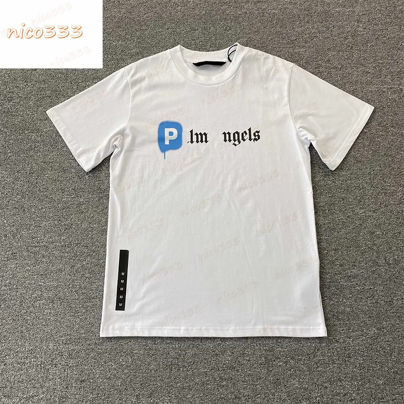 Spray P letter joint model print pattern cotton round neck versatile casual white and blue men and women loose t shirt