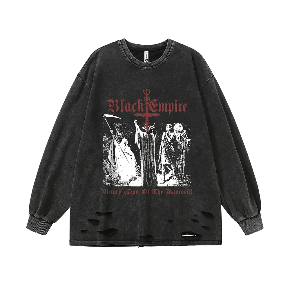 T-shirts pour hommes Black Empire Ripped T-shirts Goth Hommes Manches longues Y2K Grunge T-shirts surdimensionnés Rétro Hommes Vêtements Harajuku Anime Streetwear Tops 230912