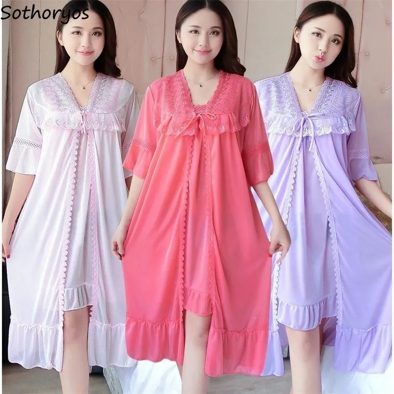 Women's Sleepwear Robe Gown Set 2pcs Solid Ice silk Trendy Casual Lace Up Home 3XL Loose Nightwear Sexy Thin Womens Bathrobe Chic 230912