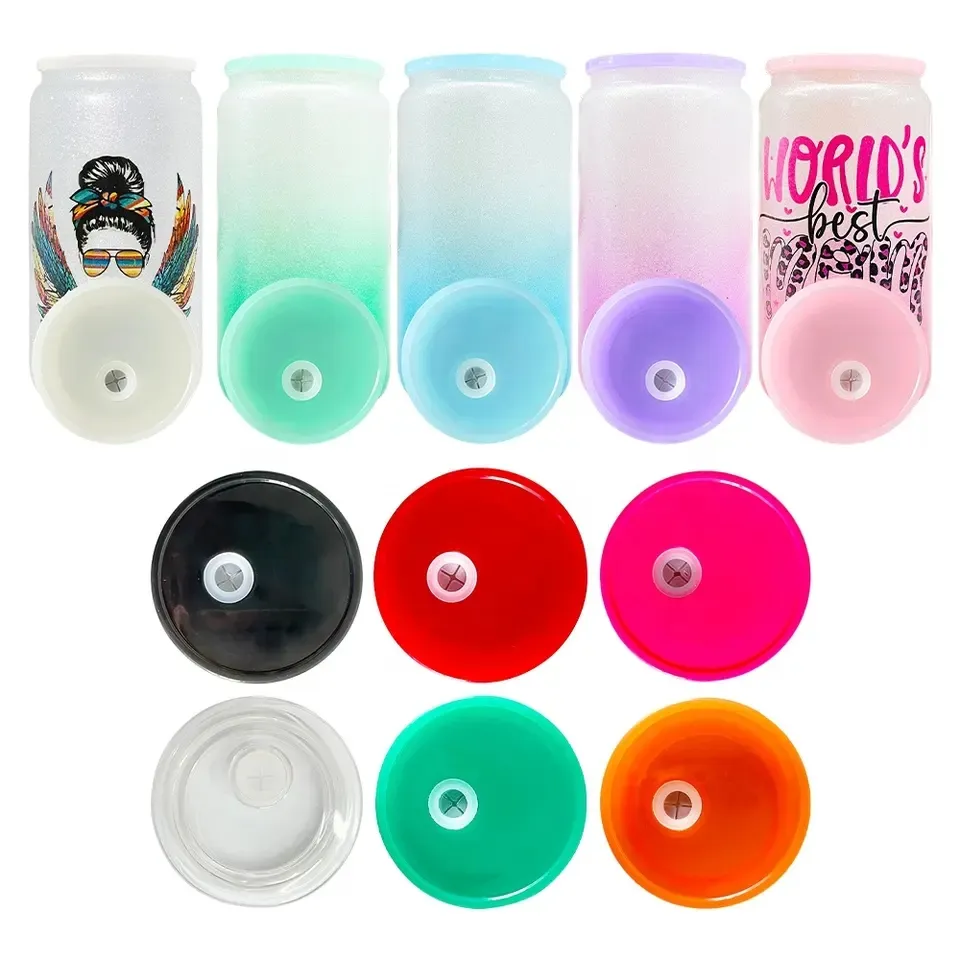 Colorful Plastic Lids for 16oz Glass Tumbler With Straw Hole Leak Proof Acrylic Lid BPA Free for 12oz 15oz double wall snow globe glass can FY5564