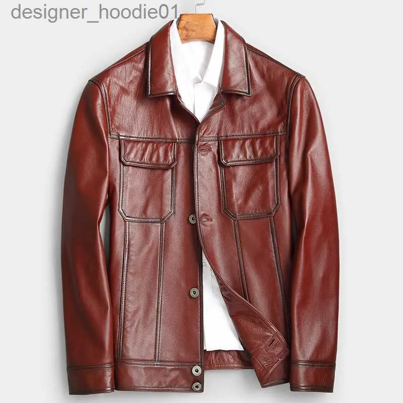 Мужские кожаные куртки из искусственного меха, корейская мотоциклетная куртка, приталенная верхняя одежда, пальто, коричневые топы, весенне-осенние ветровки, водонепроницаемые большие размеры L230913