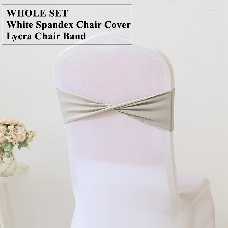 Couvre-chaise Ensemble complet Couverture de banquet en spandex blanc avec une seule couche Lycra Band Sash Bow pour la décoration d'événement de mariage