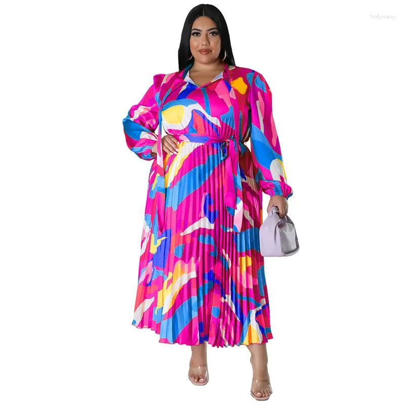 Plus Size Dresses WSFEC L-4XL 2023 Fall Women Clothing Fashion Printing Long Sleeve Pleated Lack Loose Casual Elegant Dress