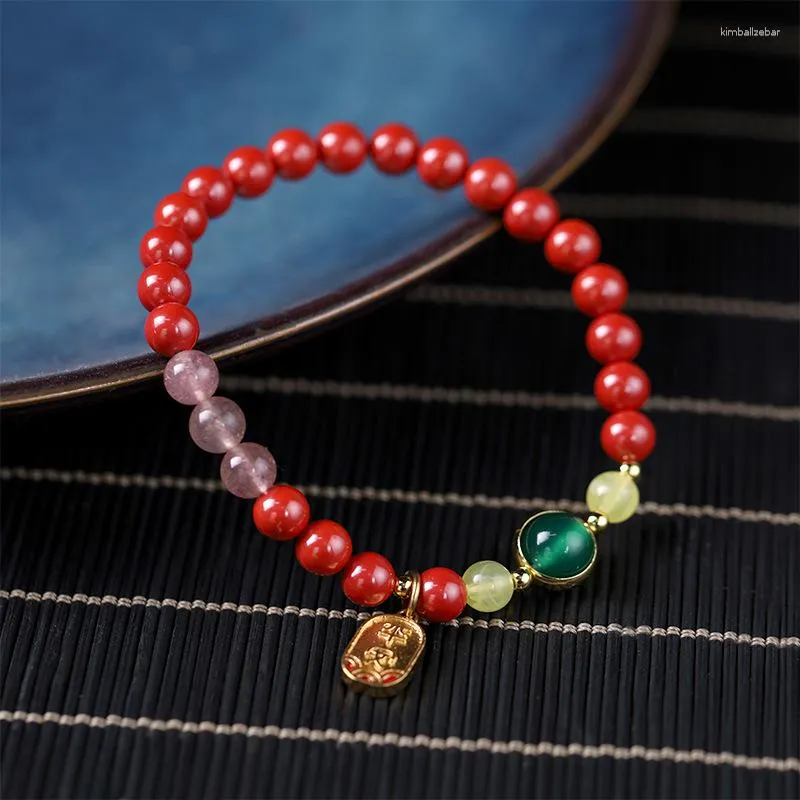 Strand Natural Raw Ore Cinnabar Bracelet Green Agate Transfer Bead Strawberry Crystal Protection Wealth Gift