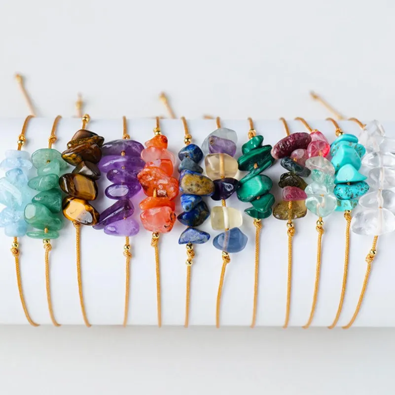 Unregelmäßiges Kristall-Armband mit natürlichem Chip-Stein, Seil, verstellbar, geflochtene Kies-Edelstein-Perlenarmbänder für Frauen