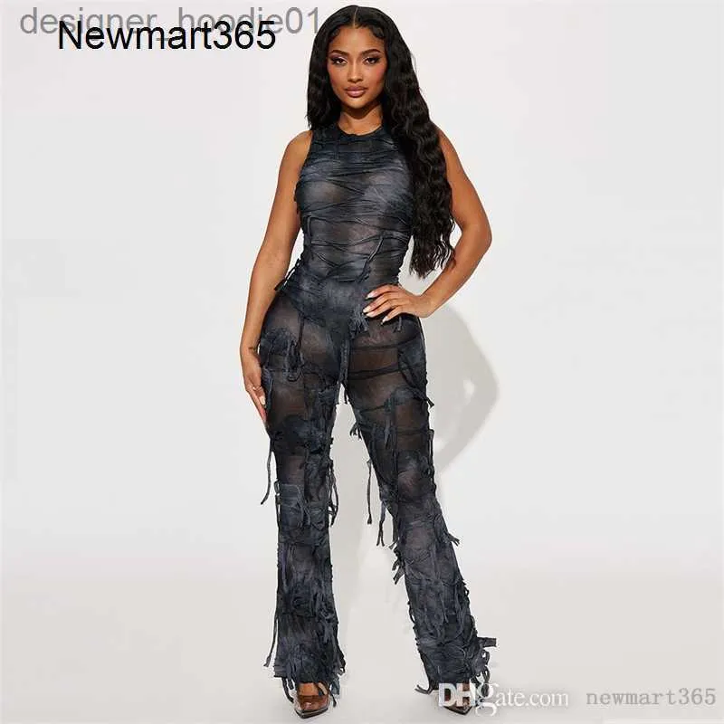 Dames Jumpsuits Rompertjes Dames Jumpsuits Designer 2023 Nieuwe Mode Tie Dye Strak Mouwloos Kwastje Elastische Rompertjes 2 Kleuren L230913