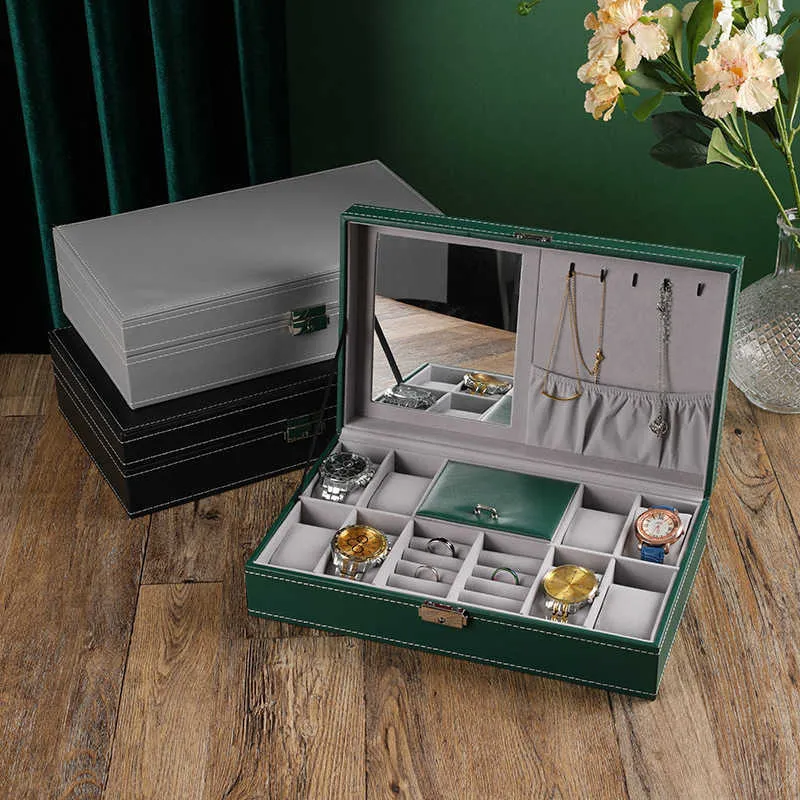 Wejebox novo verde com espelho relógios caixa de armazenamento anel parafuso prisioneiro pulseira colar grande espaço jóias organizador caso exibição 230814