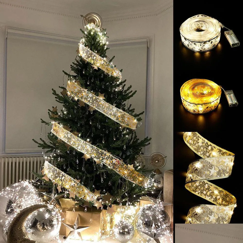 Decorações de Natal 50 LED 5m Dupla Camada Luzes de Fada Cordas Fita Arcos com Enfeites de Árvore Ano Novo Navidad Home Decor Drop Del Dh9bn