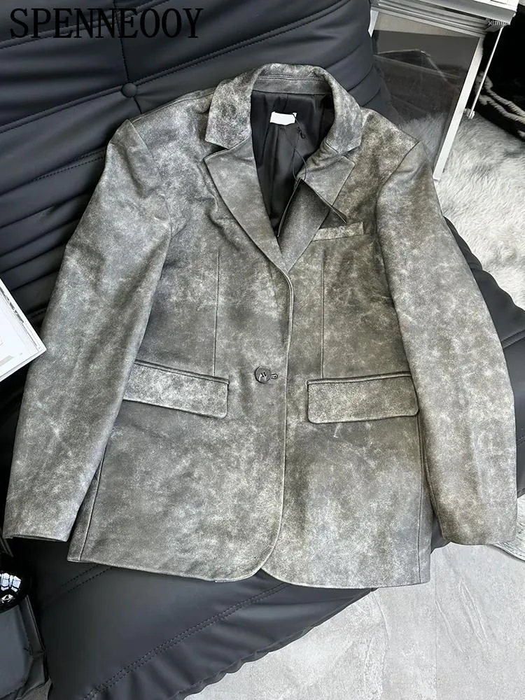 SPENNEOOY de cuero para mujer, moda de primavera y otoño, chaqueta de traje de Color gris para oficina, cuello vuelto, un solo botón