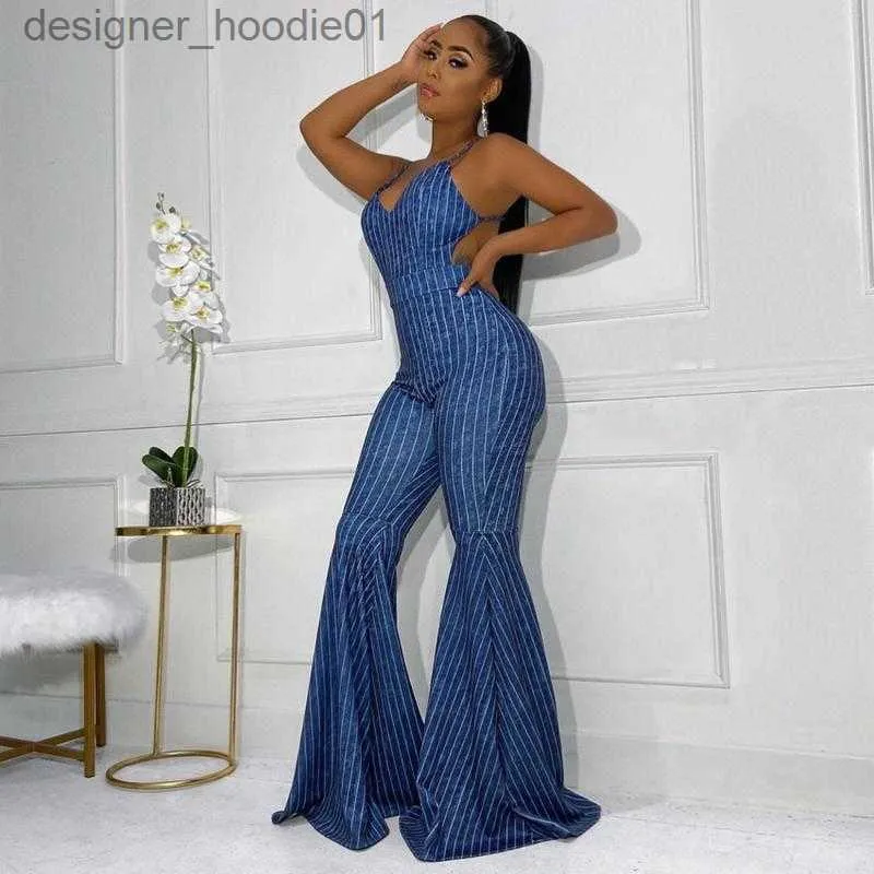 Women's Jumpsuits Rompers Women's Jumpsuits Rompers Wendywu Sexy Women Spaghetti Strap Wide Leg Jeans Jumpsuit Backless Denim Bell Bottom Romper L230913