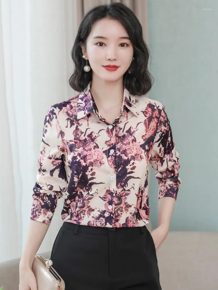 Damesblouses Zijden blouse Damesmode Satijn Vintage overhemd met lange mouwen Elegante kledingoverhemden voor OL-bedrukking Tops