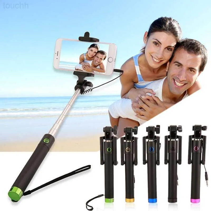 Selfie Monopods Högkvalitativ selfie stickpol stativ monopod med trådbunden handhållen utdragbar inbyggd slutare för iPhone Samsung LG HTC L230913