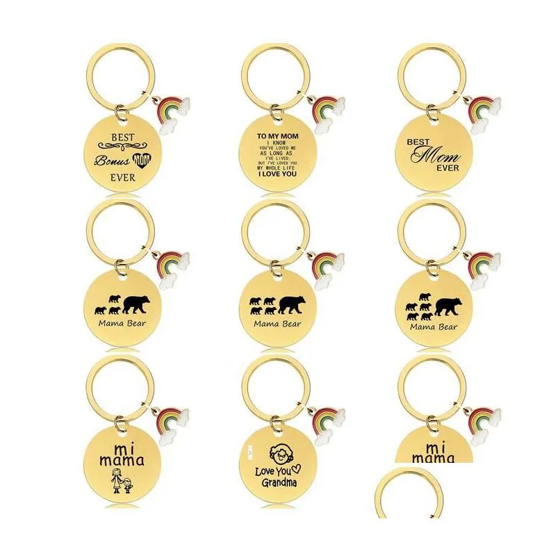 18 Styles Mothers Day Rainbow Round Keychain Gift Gold Stainless Steel Metal Key Chain With Lettering For Mama Holiday Gifts Drop Delivery