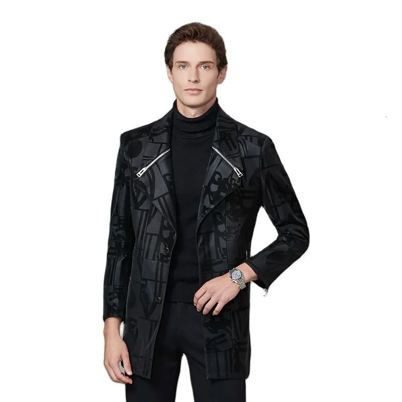 Men's Leather Faux 2023 Autumn Winter Vintage Design Print Jackets Trench Male Business Classic Slim Fit PU Suits Blazers Coats 230912