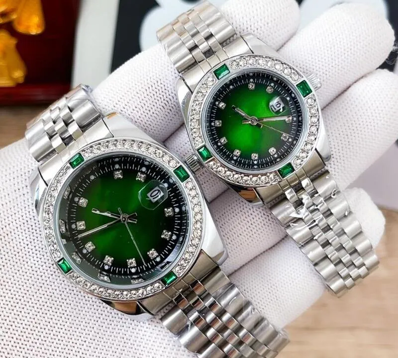 Men Women\'s Silver band and Green dial Watches Set Luxury Diamond for Couple Matching His and Hers Rolex Two Tone Gold Watch Set Green  main image 3