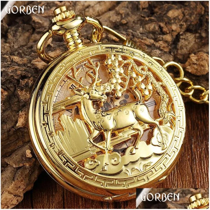 Zakhorloges 2021 Gouden Klok Bloem Herten Carving Ontwerp Mechanisch Horloge Fob Taille Chain Skeleton Hollow Steampunk Mannen Drop Delivery Dhgzb