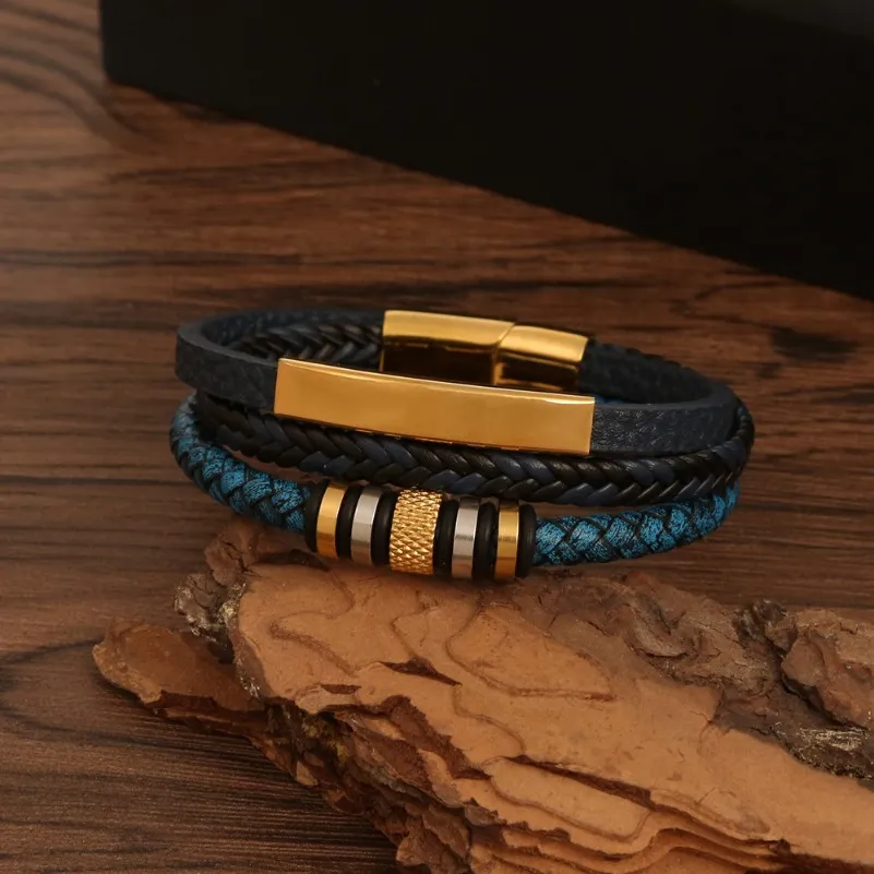 Pulseira de aço inoxidável para homens multicamadas artesanal trançado couro fivela magnética pulseiras pulseira manguito moda jóias