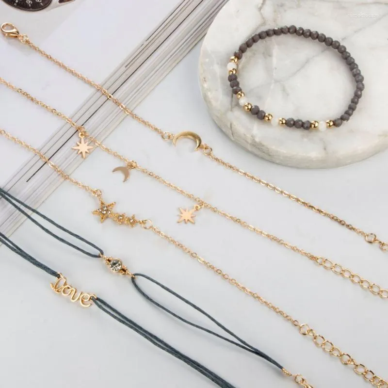Link Bracelets 6pcs Set Vintage Heart Moon Star Bracelet For Women Men Charm Stone Bead Gold Color Crystal Rope Bangle Jewelry Accessories