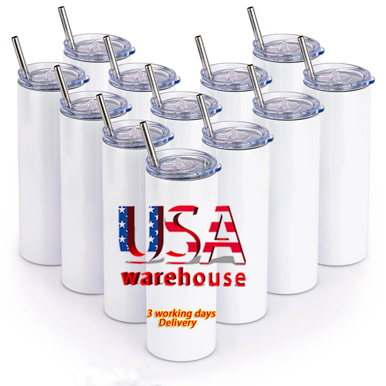 Склад в США, Калифорния, пустые стаканы для сублимации из нержавеющей стали на 20 унций, прямой белый тонкий стакан с соломинкой и крышкой, оптовая продажа, 913