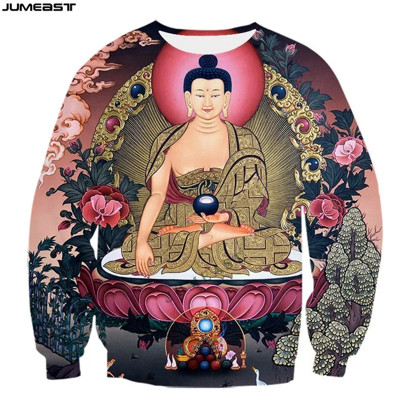 T-shirt maschile Jumeast Y2K uomini donne 3d Spaccatura stampata Buddhismo hip hop buddha buddha shakyamuni maglietta a maniche lunghe