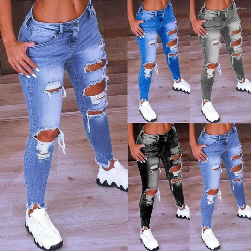 Damesjeans Lage taille Heuphoogte Hoge elastische gescheurde stretchdenimbroek Dameskleding