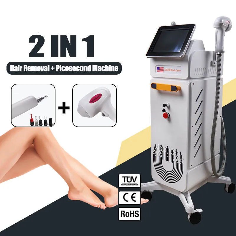 Q-geschakelde Nd Yag Diode Laser 2 in 1 Haar/tatoeage verwijderen Pijnloos Instrument Pigment Spot Behandeling Huid Smoothing Schoonheidssalon